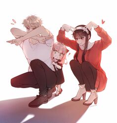 1boy 1girl anya_(spy_x_family) black_hair blonde_hair blue_eyes blush breasts couple dress earrings gold_earrings hairband hetero highres husband_and_wife ideksams jewelry large_breasts long_hair long_sleeves open_mouth pantyhose red_eyes red_sweater shirt short_hair sidelocks smile spy_x_family sweater teeth twilight_(spy_x_family) two-sided_dress two-sided_fabric yor_briar