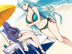 2girls aqua_hair barefoot beach bikini breasts cleavage emilie_du_chatelet florence_ameghino_nightingale game_cg liarsoft long_hair multiple_girls ourai_no_gahkthun purple_hair steampunk_(liarsoft) swimsuit umbrella water