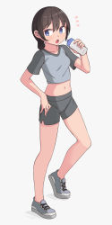 1girl black_hair blue_eyes bottle full_body grey_shirt grey_shorts hair_between_eyes hand_on_own_hip highres holding holding_bottle looking_at_viewer midriff navel open_mouth original saiste shirt shoes short_sleeves shorts simple_background sneakers solo t-shirt water_bottle white_background