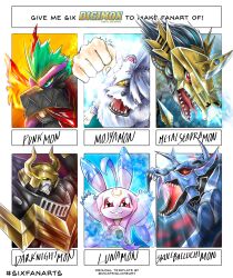 absurdres colored_sclera crescent_moon darkknightmon digimon digimon_(creature) dramonbt fire green_eyes highres horns lunamon metalseadramon mojyamon moon no_pupils punkmon red_eyes sharp_teeth skull skullbaluchimon smile teeth white_fur yellow_sclera