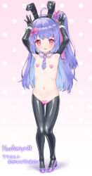 1girl ahoge animal_ear_hairband animal_ears armpits arms_up black_thighhighs bow commission detached_collar fake_animal_ears full_body hair_bow hairband heart_maebari heart_pasties highres hiphighs latex latex_legwear loli long_hair maebari makigai meme_attire navel necktie one_side_up open_mouth original pasties pink_bow pink_eyes plaid_bow purple_hair purple_necktie purple_shoes rabbit_ear_hairband rabbit_ears rabbit_pose reverse_bunnysuit reverse_outfit shoes short_necktie shrug_(clothing) skeb_commission solo standing thighhighs wrist_cuffs