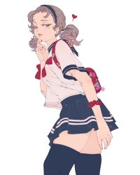 1girl bandaid bandaid_on_arm black_hairband blue_eyes blue_sailor_collar blue_skirt blue_thighhighs bracelet breasts bright_pupils brown_hair commentary cowboy_shot earrings elliemaplefox facial_mark finger_to_mouth from_side hair_ornament hair_scrunchie hairband hand_up heart highres index_finger_raised jewelry looking_at_viewer medium_breasts medium_hair neckerchief original red_bag red_nails red_neckerchief red_scrunchie sailor_collar school_uniform scrunchie shirt skindentation skirt solo star_(symbol) star_facial_mark stud_earrings symbol-only_commentary thighhighs twintails white_pupils white_shirt zettai_ryouiki