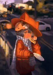 1girl 1other :i absurdres alternate_costume androgynous animal animal_hat animal_on_head black_ears black_gloves blue_hair blue_scarf brown_coat brown_eyes brown_hat car cat_hat cheese cheese_trail chewing child closed_eyes coat colored_sclera commentary contemporary cowboy_shot dot_nose eating english_commentary food fox fox_on_head gloves grilled_cheese hat highres holding holding_food holding_plate holding_sandwich long_sleeves looking_at_viewer making-of_available medium_hair motor_vehicle neck_fur niko_(oneshot) on_head oneshot_(game) orange_fur outdoors plate road rue_(oneshot) sandwich scarf shadches72 striped_clothes striped_scarf vertical-striped_clothes vertical-striped_scarf white_car white_fur yellow_car yellow_sclera