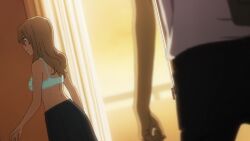 Rule 34 | 1boy, 1girl, anime screenshot, aoki clair, balcony, black pants, blonde hair, bra, curtains, gleipnir (series), green bra, grey skirt, indoors, long hair, pants, pleated skirt, shirt, skirt, underwear, white shirt, window