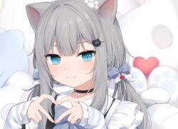Rule 34 | 1girl, :3, amashiro natsuki, animal ears, black choker, blue eyes, blurry, blurry background, blush, bow, cat ears, cat girl, cat hair ornament, choker, closed mouth, commentary, frilled shirt, frills, grey hair, hair bow, hair ornament, hands up, heart, heart hands, indie virtual youtuber, long sleeves, looking at viewer, low twintails, nachoneko, paw print, purple bow, shirt, smile, solo, symbol-only commentary, twintails, upper body, virtual youtuber, white shirt