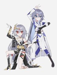 Rule 34 | 2girls, absurdres, arm up, bare shoulders, black boots, black dress, black gloves, black nails, blue eyes, blue pants, boots, dress, fingerless gloves, fu hua, fu hua (garuda), gloves, grey background, grey hair, herrscher of sentience, high heel boots, high heels, highres, honkai (series), honkai impact 3rd, jacket, long hair, multicolored hair, multiple girls, nail polish, on one knee, pants, parted lips, red eyes, simple background, standing, streaked hair, very long hair, w, white hair, white jacket, xtx mercury