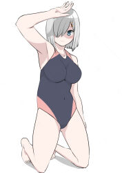 1girl 30-06 barefoot black_one-piece_swimsuit blue_eyes breasts competition_swimsuit covered_navel full_body grey_hair hair_ornament hair_over_one_eye hairclip hamakaze_(kancolle) highres kantai_collection kneehighs large_breasts looking_at_viewer one-piece_swimsuit short_hair simple_background socks solo swimsuit two-tone_swimsuit white_background
