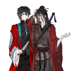 2boys bandaged_arm bandaged_hand bandaged_neck bandages black_hair black_hanfu black_pants black_shirt chen_ling_(wo_bushi_xi_shen) chinese_clothes chinese_commentary closed_mouth coat coin coin_mask coin_on_string cowboy_shot crossover dao_gui_yi_xian earrings floral_print gourd hair_between_eyes hair_bun hair_ribbon hand_on_own_head hand_up hanfu high_collar highres holding holding_knife holed_coin jewelry knife li_huowang long_hair long_sleeves looking_at_viewer male_focus mask mouth_veil multiple_boys open_clothes open_coat pants red_coat red_eyes red_ribbon ribbon robe sash sheath shirt short_hair shoulder_belt simple_background single_hair_bun smile sn060210 standing sword sword_on_back sword_tassel tassel tassel_earrings veil weapon weapon_on_back white_background wide_sleeves wo_bushi_xi_shen