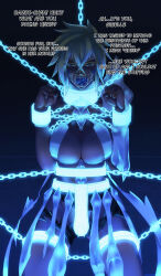 1girl blackjacke7 bleach bleach:_sennen_kessen-hen blonde_hair breasts chain chained chained_cuffs chained_legs chained_wrists colored_eyelashes dark-skinned_female dark_skin english_text espada facial_mark female_focus gagged green_eyes large_breasts medium_hair simple_background tier_harribel variant_set