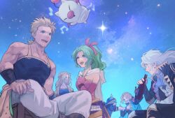 alcohol bare_shoulders blue_eyes blue_headband bottle bow cape celes_chere detached_sleeves dress earrings edgar_roni_figaro elbow_gloves final_fantasy final_fantasy_vi garbage_paper gloves green_hair grey_hair hair_ribbon headband highres holding holding_bottle jewelry liquor locke_cole long_hair mog moogle multiple_boys musical_note night night_sky one_eye_closed outdoors ponytail ribbon sabin_rene_figaro sash setzer_gabbiani short_hair sitting sky smile star_(sky) strapless strapless_dress tina_branford tube_dress waist_sash