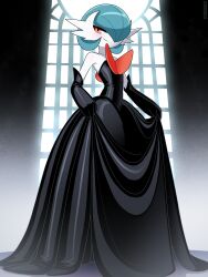 1girl absurdres alternate_color black_dress black_gloves blue_hair bob_cut colored_skin dress elbow_gloves gardevoir gen_3_pokemon gloves hair_over_one_eye highres mega_gardevoir mega_pokemon nico-neko nintendo orange_eyes pokemon pokemon_(creature) pokemon_xy shiny_pokemon smile strapless strapless_dress white_skin window