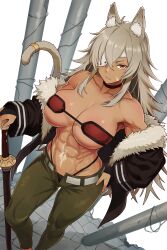 1girl abs absurdres animal_ears bamboo_tac bandeau bare_shoulders breasts cat_ears cat_girl cat_tail cleavage commentary_request eyepatch ghislaine_dedoldia grey_hair highres large_breasts long_hair long_sleeves looking_at_viewer muscular muscular_female mushoku_tensei navel orange_eyes red_bandeau scar scar_on_stomach solo tail tail_ornament tail_ring