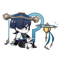 1boy arm_at_side arm_support armor baroumbrella black_bodysuit black_bow black_bridal_gauntlets black_hair black_leggings black_sandals black_shorts blue_cape blue_gemstone blue_hat blue_kimono blue_sleeves blunt_ends bodysuit bow bridal_gauntlets cape chibi closed_mouth creature crossover eyeliner eyeshadow flying_sweatdrops furisode gem genshin_impact gold gold_ring hakama hakama_shorts hand_on_own_knee hat highres honkai:_star_rail honkai_(series) in-franchise_crossover japanese_armor japanese_clothes jingasa juban kimono knee_up kote kurokote layered_sleeves leg_warmers leggings makeup male_focus middle_ring open_clothes open_kimono pleated_shorts pom_pom_(clothes) purple_eyes purple_sash red_eyeliner red_eyeshadow sandals sash scaramouche_(genshin_impact) short_sleeves shorts shoulder_peek sitting stirrup_legwear toeless_legwear touxin_0316 wanderer_(genshin_impact) white_background white_kimono white_leg_warmers white_sleeves zouri