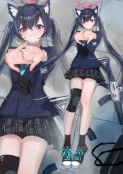 1girl absurdres animal_ear_fluff animal_ears black_hair black_shoes black_skirt black_socks blue_archive blue_jacket blue_necktie blush cat_ears cat_girl closed_mouth hair_between_eyes highres jacket kc_ncp knee_pads long_hair looking_at_viewer lying microphone necktie on_back on_floor own_hands_together plaid_clothes plaid_skirt red_eyes serika_(blue_archive) shoes sidelocks single_knee_pad skirt smile socks solo stretching twintails