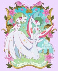 Rule 34 | artist name, blush, cape, colored skin, commission, dress, elbow gloves, floral background, flower, fuwafuwa berry, gallade, gardevoir, gen 3 pokemon, gen 4 pokemon, gloves, highres, mega gallade, mega gardevoir, mega pokemon, nintendo, pink eyes, pink flower, pokemon, pokemon (creature), signature, smile, white cape, white dress, white gloves, white skin