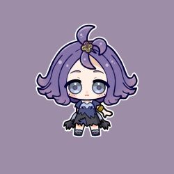 1girl :3 acerola_(pokemon) blush chibi closed_mouth dress full_body gold_armlet grey_eyes hair_ornament highres jatarism07 medium_hair nintendo outline patchwork_clothes pokemon pokemon_sm purple_background purple_hair short_sleeves simple_background smile solo standing white_outline
