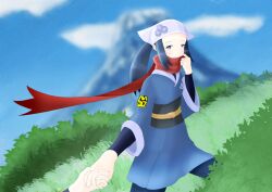 Rule 34 | 1girl, adjusting clothes, akari (pokemon), artist request, bandana, blue eyes, blue hair, blush, clenched hands, day, eyelashes, female focus, flat chest, galaxy expedition team survey corps uniform, hand up, hat, highres, huge filesize, japanese clothes, leggings, legs, long scarf, looking at viewer, looking back, matching hair/eyes, mountain, nintendo, obi, outdoors, outstretched arm, pants, pokemon, pokemon legends: arceus, ponytail, pov, pov hands, red scarf, sash, scarf, scarf over mouth, shirt, shirt under kimono, sidelocks, sky, smile, standing, tight clothes, tight pants, tight shirt, white bandana, wide sleeves