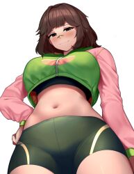 1girl bandaid bandaid_on_face bandaid_on_nose bethy black_shorts black_sports_bra blush breasts brown_eyes brown_hair closed_mouth commentary commission commissioner_upload cowboy_shot cropped_jacket english_commentary eyelashes from_behind green_bandaid green_jacket hand_on_own_hip highres hood hood_down hooded_jacket indie_virtual_youtuber jacket large_breasts long_sleeves looking_at_viewer looking_down medium_hair navel nose pink_sleeves rev60 second-party_source shorts simple_background smile solo sports_bra squinting stomach thighs tomboy virtual_youtuber white_background zipper