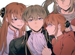 Rule 34 | 2boys, 2girls, aged up, ascot, black jacket, brown hair, bun cover, china dress, chinese clothes, dress, dual persona, g0nyag, gintama, gintama movie 2: yorozuya yo eien nare, grey scarf, hair bun, highres, jacket, kagura (gintama), long hair, multiple boys, multiple girls, official alternate costume, okita sougo, orange hair, red dress, scarf, short hair, smile, smirk, sweatdrop, teeth, time paradox, upper body, white ascot, white background, white dress