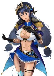 1girl :d absurdres ascot asymmetrical_horns black_ascot black_bow black_gloves black_hair blue_bow blue_coat blue_gemstone blue_skirt blue_sleeves blush bow braided_sidelock breasts brown_eyes brown_horns cleavage_cutout clothing_cutout coat commentary_request cowboy_shot cross cross_earrings dark_skin demon_girl demon_horns detached_sleeves earrings elbow_gloves epaulettes flower frilled_skirt frills gem gloves gold_earrings hair_bow hair_flower hair_ornament hand_on_own_chest highres honey_strap honey_strap_stage_costume horns jewelry large_breasts light_blush linea_alba lips long_hair long_sidelocks looking_at_viewer low-tied_long_hair miniskirt nanashi_inc. navel nose_blush open_clothes open_coat open_mouth pleated_skirt pointy_ears quilted_clothes sankyo_(821-scoville) shimamura_charlotte shirt short_sleeves sidelocks simple_background single_earring skirt sleeveless sleeveless_coat sleeveless_shirt smile solo tail thigh_strap transparent_background twintails two-sided_coat two-sided_fabric uneven_horns very_long_hair virtual_youtuber white_shirt