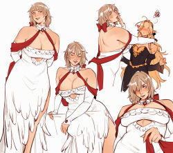 black_dress blonde_hair blush braid breasts cleavage dress dungeon_meshi elf falin_touden falin_touden_(tallman) feather_dress hair_over_one_eye huge_breasts lesly_oh marcille_donato official_alternate_costume pointy_ears red_shawl shawl short_hair smile twin_braids white_dress yuri