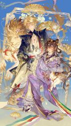 1boy 1girl absurdres bell blonde_hair brown_hair earrings folding_fan frills full_body hair_between_eyes hair_ornament hand_fan highres holding holding_fan japanese_clothes jewelry kimono long_hair long_sleeves necklace original purple_kimono sanshanqundao sitting smile tassel tiger very_long_hair wide_sleeves yellow_eyes