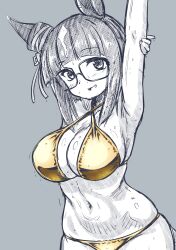 1girl animal_ears armpits arms_up bikini commentary_request criss-cross_halter ear_ornament glasses gold_bikini grey_background greyscale halterneck highres horse_ears horse_girl horse_tail kusaba_(kusabashiki) monochrome multicolored_hair navel short_hair simple_background solo spot_color stomach streaked_hair sweat swimsuit tail transcend_(umamusume) umamusume