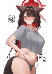 1girl absurdres alternate_costume animal_ears belly belly_grab black_hair blue_archive blush breasts closed_mouth colored_inner_hair cropped_shirt daehoak fox_ears fox_girl fox_tail grey_panties grey_shirt hair_between_eyes highres large_breasts long_hair looking_at_viewer multicolored_hair navel panties plump shirt sidelocks solo sweatdrop t-shirt tail two-tone_hair underwear wakamo_(blue_archive) yellow_eyes