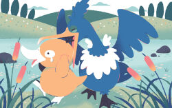 animal_focus biting_another&#039;s_head cattail commentary_request cramorant crying full_body gen_1_pokemon gen_8_pokemon green_eyes hill manami_(uovoegg) nintendo no_humans open_mouth outdoors plant pokemon pokemon_(creature) psyduck rectangular_pupils rock single_tear
