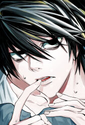 Rule 34 | 1boy, bags under eyes, black eyes, black hair, blue pants, close-up, death note, finger to mouth, fingernails, hair between eyes, highres, knees up, konoko-tachi (107omoide), l (death note), lips, long finger, looking up, male focus, nose, pants, shirt, solo, teeth, tongue, white shirt