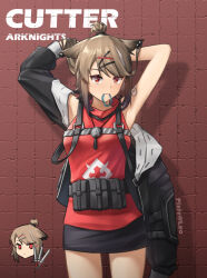 1girl animal_ears arknights armpits blush brown_hair character_name chibi closed_mouth copyright_name cowboy_shot cutter_(arknights) hair_ornament hair_tie hair_tie_in_mouth hairclip highres leo_(user_vfpk2225) light_smile looking_at_viewer mouth_hold pouch red_eyes red_shirt shadow shirt short_hair sleeveless sleeveless_shirt solo standing star_(symbol) strap topknot turtleneck turtleneck_shirt tying_hair watermark x_hair_ornament