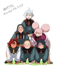 6+girls aliya_mahvash bent_over blush brown_hair censored chuatury_panlunch dogpile double_bun embarrassed green_hair grey_hair gundam gundam_suisei_no_majo hair_bun harusame_kakigoori highres human_tower jacket lilique_kadoka_lipati looking_at_viewer miorine_rembran multiple_girls nika_nanaura pink_hair red_hair serious shoes simple_background smile socks stacking suletta_mercury sweat white_background