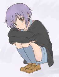 1girl black_cardigan blue_sailor_collar blue_skirt blue_socks brown_eyes brown_shoes cardigan collarbone full_body hands_on_own_knees head_on_own_shoulder highres invisible_floor kita_high_school_uniform kneehighs legs_together loafers long_sleeves looking_up nagato_yuki purple_hair sailor_collar school_uniform serafuku shoes short_hair skirt slav_squatting sleeves_past_wrists socks solo squatting suzumiya_haruhi_no_yuuutsu waka_849 winter_uniform