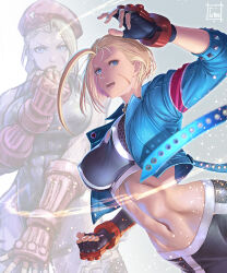Rule 34 | 1girl, absurdres, black pants, black shirt, blonde hair, blue eyes, blue jacket, breasts, cammy white, clenched hand, facial scar, fingerless gloves, gloves, green leotard, highres, jacket, leotard, midriff, pants, scar, scar on cheek, scar on face, shirt, street fighter, street fighter 6, tomo eokaiteru