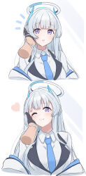 1girl 1other absurdres blue_archive blue_necktie blush breasts closed_eyes closed_mouth collared_shirt disembodied_hand grey_hair halo heart highres jacket large_breasts long_hair mechanical_halo multiple_views necktie noa_(blue_archive) ogura_toast open_clothes open_jacket open_mouth purple_eyes shirt simple_background smile white_background white_jacket white_shirt
