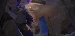1girl 3boys arm_wrap black_hair commentary_request commission gun hat highres indoors kajatony lantern letty_whiterock multiple_boys purple_hair rifle short_hair skeb_commission snow soldier straw_cape straw_hat touhou weapon