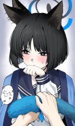 1boy 1girl animal_ear_fluff animal_ears black_eyes blue_archive blue_haori blue_neckerchief blue_sailor_collar blunt_ends blush bob_cut cat_ears cat_girl cat_tail clenched_hand covering_own_mouth doodle_sensei_(blue_archive) ear_wiggle haori highres holding_another&#039;s_tail japanese_clothes kikyou_(blue_archive) looking_to_the_side neckerchief nichijou_(nichijoutouhou) parted_bangs sailor_collar sensei_(blue_archive) shirt sweatdrop tail white_shirt