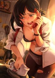1girl black_bra black_eyes black_hair blush bow bow_bra bra breasts bright_pupils cellphone chainsaw_man commentary crying english_commentary furrowed_brow hair_ornament hairclip higashiyama_kobeni highres ironing khyle. looking_down medium_breasts medium_hair mole mole_on_breast navel open_clothes open_mouth open_shirt pantyhose phone ponytail ribbon-trimmed_bra ribbon_trim shirt solo talking_on_phone teeth torn_clothes underwear watch white_bow white_pupils white_shirt you&#039;re_doing_it_wrong