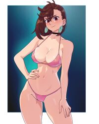 1girl absurdres ayase_momo bikini black_choker blush border breasts brown_eyes brown_hair choker commentary dandadan dashi_(dashiart) earrings hand_on_own_hip hand_on_own_thigh highres jewelry looking_at_viewer medium_breasts navel pink_bikini simple_background smile stomach swimsuit thighs variant_set white_background white_border