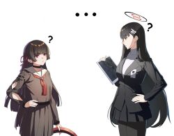 ... 2girls ? absurdres arm_cutout ashamutoki black_choker black_hair black_jacket black_pantyhose black_shirt black_skirt blue_archive bright_pupils chisa_(wuthering_waves) choker commentary eye_contact game_screenshot_inset hair_ribbon halo hand_on_own_hip hashtag-only_commentary highres holding holding_tablet_pc jacket long_hair long_sleeves look-alike looking_at_another meta multiple_girls pantyhose red_eyes red_ribbon ribbon rio_(blue_archive) sailor_collar shirt simple_background skirt tablet_pc tacet_mark_(wuthering_waves) turtleneck turtleneck_shirt very_long_hair white_background white_pupils white_sailor_collar white_shirt wuthering_waves