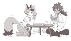 1boy 1girl alternate_costume bad_id bad_twitter_id bare_arms bespectacled bowl buttons chopsticks closed_mouth collared_shirt commentary_request creatures_(company) cup cushion dede_(qwea_00000) donbei_kitsune_udon eating eye_contact eyelashes eyewear_on_head facial_hair food game_freak gen_8_pokemon glasses greyscale hair_ornament head_rest heart heart_hair_ornament holding holding_bowl holding_chopsticks kneeling korean_commentary leon_(pokemon) long_hair looking_at_another monochrome mug nickit nintendo nissin_donbei noodles pants plate pokemon animal_ears pokemon_swsh pokemon_tail ponytail shirt side_ponytail sitting sleeveless smile socks sonia_(pokemon) steam sunglasses table tail