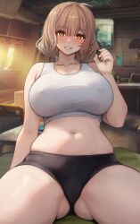 1girl absurdres anis_(nikke) belly black_pants breasts brown_hair commentary covered_erect_nipples english_commentary gluteal_fold goddess_of_victory:_nikke highres huge_breasts leaning_back navel pants raskasar red_eyes sitting smile solo sports_bra thighs white_sports_bra