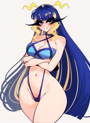 1girl antenna_hair big_breasts blue_choker blue_eyes blue_hair blush breasts choker crossed_arms female highres large_breasts lewd_clothing lightning_bolt_facial_mark lightning_bolt_symbol multicolored_hair nariko_sai navel pout sachiko thick_thighs thighs thong two-tone_hair virtual_youtuber wide_hips
