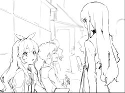 3girls aikatsu! aikatsu!_(series) greyscale highres hoshimiya_ichigo kiriya_aoi long_hair long_sleeves looking_at_another monochrome multiple_girls open_mouth shibuki_ran side_ponytail standing suiso_(owp) sweatdrop