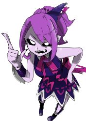 1girl alternate_hairstyle black_dress black_sclera bow colored_sclera colored_skin demon_girl dress fangs full_body gavucchi hair_ornament highres index_finger_raised long_hair looking_at_viewer musume_(yuunama) nail_polish open_mouth pointy_ears purple_hair purple_skin simple_background skirt sleeveless sleeveless_dress smile solo white_background yuusha_no_kuse_ni_namaiki_da
