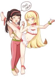 2girls alternate_costume barefoot bikini blonde_hair blush brown_hair closed_eyes closed_mouth collarbone embarrassed english_text fang female_focus flat_chest full_body gloves green_panties hachikuji_mayoi hairband happy holding_hands leg_up leggings loli long_hair looking_down matching_hair/eyes meemz_a monogatari_(series) multicolored_bikini multiple_girls navel open_mouth oshino_shinobu outstretched_arm panties panty_straps pink_leggings pink_sports_bra red_bikini red_hairband simple_background skin_fang smile speech_bubble sports_bra standing standing_on_one_leg swimsuit toenails toes twintails two-tone_bikini underwear vampire white_background white_bikini yellow_eyes