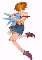 1girl artist_request asymmetrical_hair breasts denim denim_shorts female_focus gen_1_pokemon green_eyes green_shorts hair_tie highres horsea medium_breasts misty_(pokemon) nintendo orange_hair pokemon pokemon_(anime) pokemon_(classic_anime) ponytail shirt shoes short_hair short_shorts shorts side_ponytail solo source_request suspender_shorts suspenders tank_top yellow_shirt