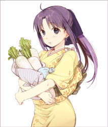 1girl ahoge bad_id bad_pixiv_id blue_eyes carrying female_focus japanese_clothes kamiya_kaoru kimono looking_at_viewer ponytail purple_hair radish rurouni_kenshin simple_background solo yumi_(konbutamago)