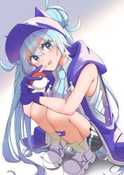 1girl absurdres aqua_eyes aqua_hair aqua_necktie aqua_trim bandaid bandaid_on_leg black_skirt blue_gloves blush collared_shirt double_bun gloves grey_shirt hair_between_eyes hair_bun hat hatsune_miku highres holding holding_poke_ball light_blush long_hair looking_at_viewer mirai_donna_darou_(vocaloid) mochitaro_(mothitaroo) necktie nintendo official_alternate_costume official_alternate_hairstyle open_mouth partially_fingerless_gloves pleated_skirt poke_ball pokemon project_voltage shirt shoes skirt sleeveless sleeveless_shirt smile solo squatting twintails very_long_hair vocaloid white_shoes