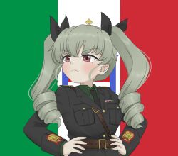 anchovy_(girls_und_panzer) benito_mussolini benito_mussolini_(cosplay) black_cat03 black_jacket black_necktie black_ribbon closed_mouth cosplay drill_hair flag_background frown girls_und_panzer green_hair green_jacket hair_ribbon hands_on_own_hips highres italian_flag jacket long_hair military_dress_uniform military_jacket military_uniform necktie purple_eyes ribbon twin_drills